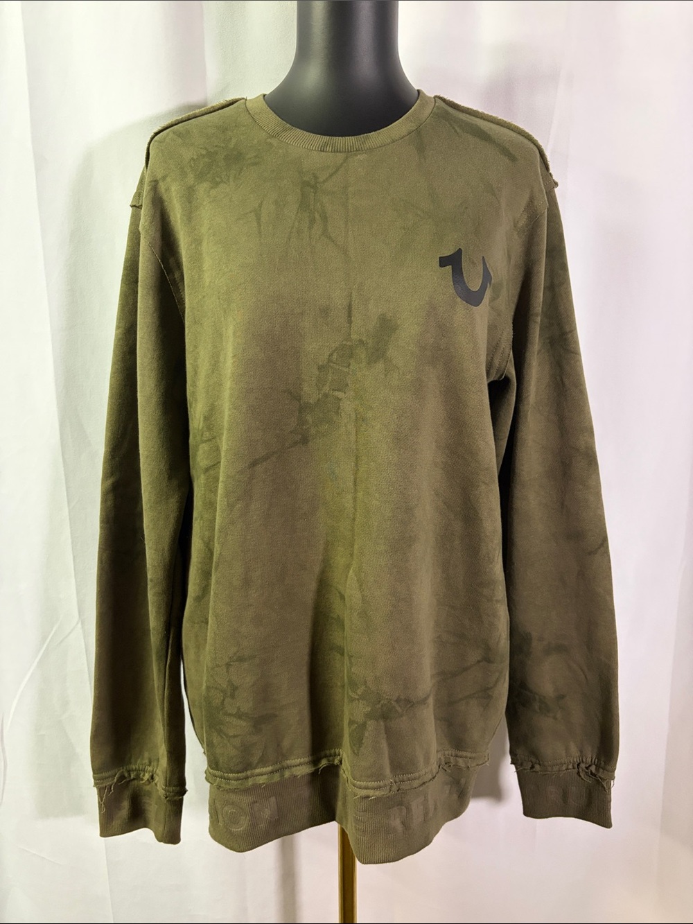 True Religion Camo Green Tie Die Debossed Rib Pullover Crewneck Sweatshirt
